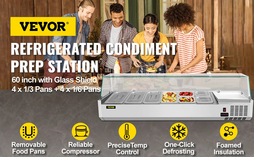 VEVOR refrigerated prep station with glass shield, removable food pans, and reliable compressor.