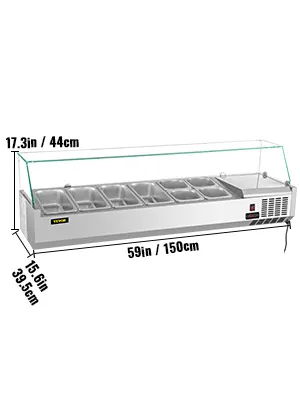 VEVOR refrigerated prep station with 8 stainless steel pans, dimensions 59in/150cm by 17.3in/44cm