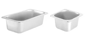 two stainless steel food pans for VEVOR refrigerated prep station, side by side, isolated on white.