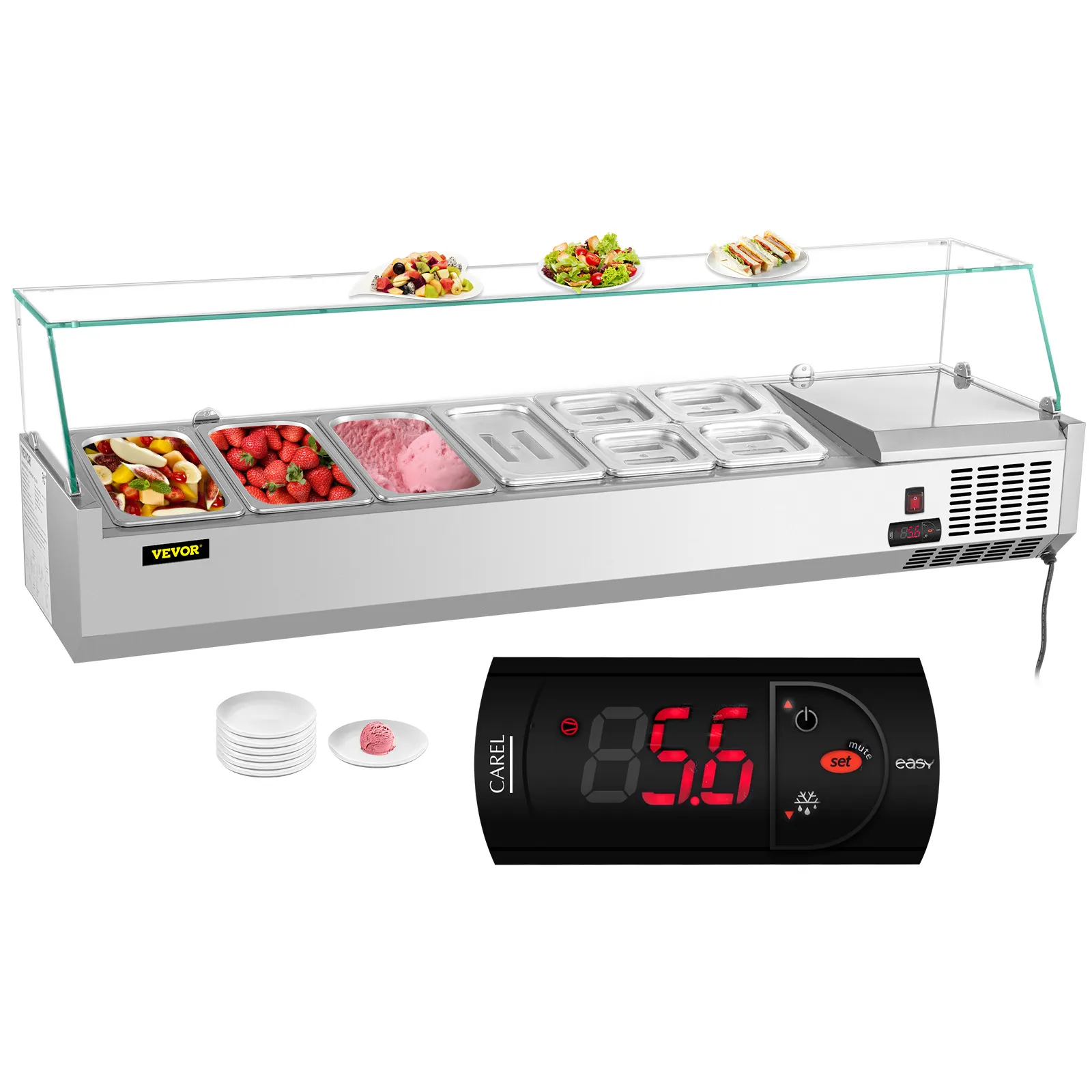 VEVOR refrigerated prep station with glass cover, multiple food containers, and digital temperature display.