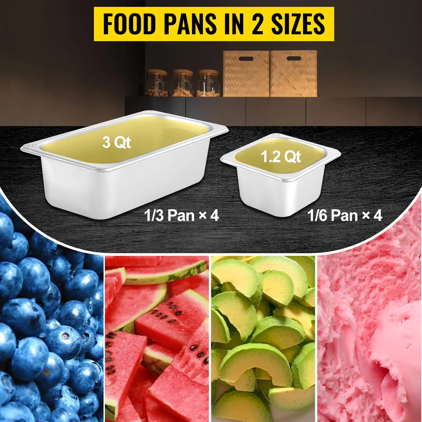 food pans in 2 sizes for VEVOR refrigerated prep station; 1/3 pan (3 qt) and 1/6 pan (1.2 qt).