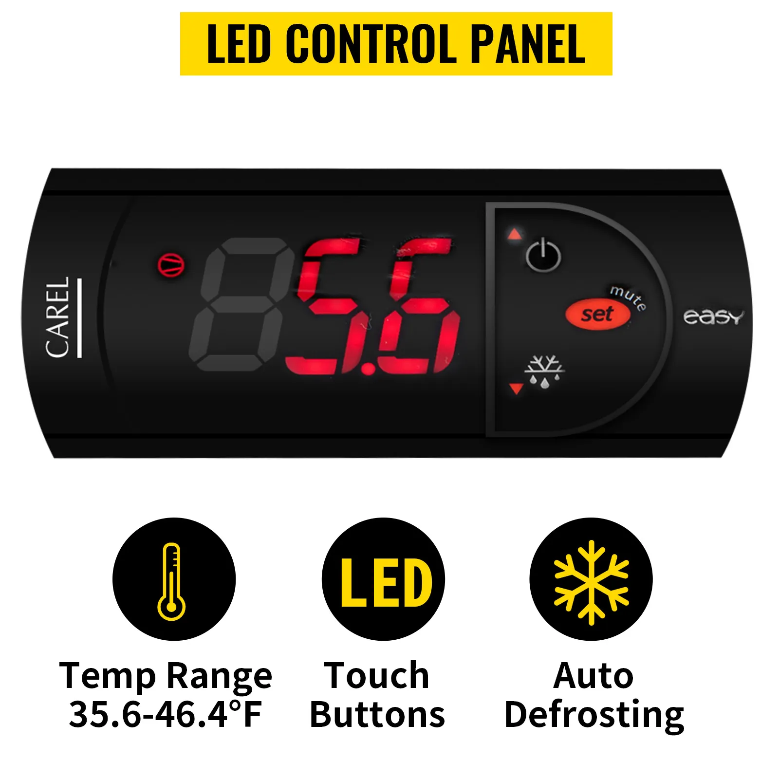 led control panel of VEVOR refrigerated prep station with temp range display, touch buttons, and auto defrosting.