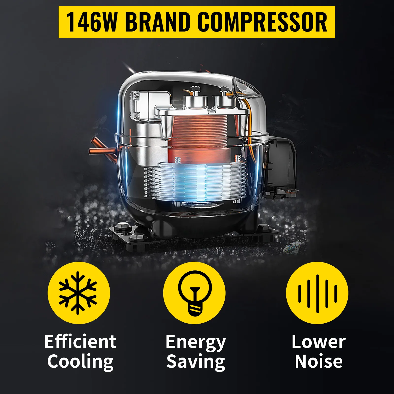 146w brand compressor for VEVOR refrigerated prep station; efficient cooling, energy saving, lower noise.