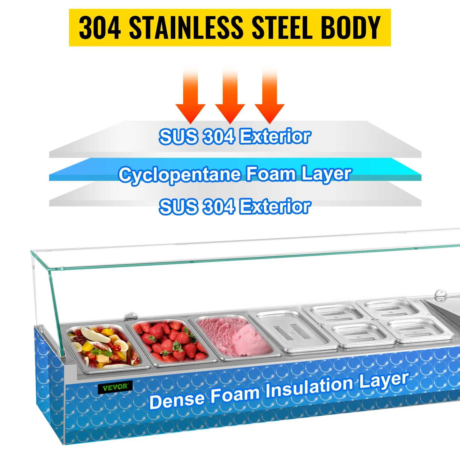 VEVOR refrigerated prep station with stainless steel body and dense foam insulation, housing food trays.