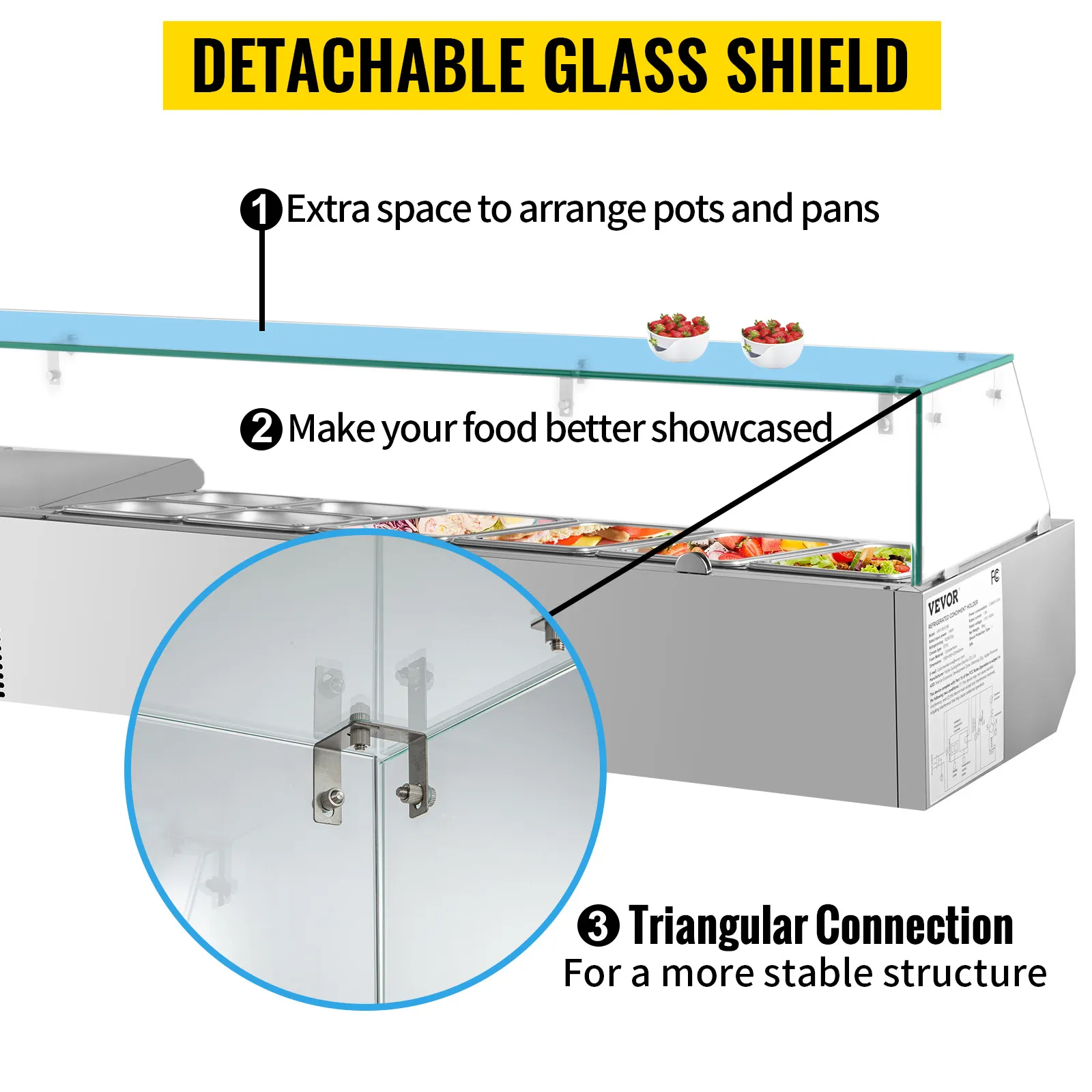 VEVOR detachable glass shield for better food display and extra pot arrangement.