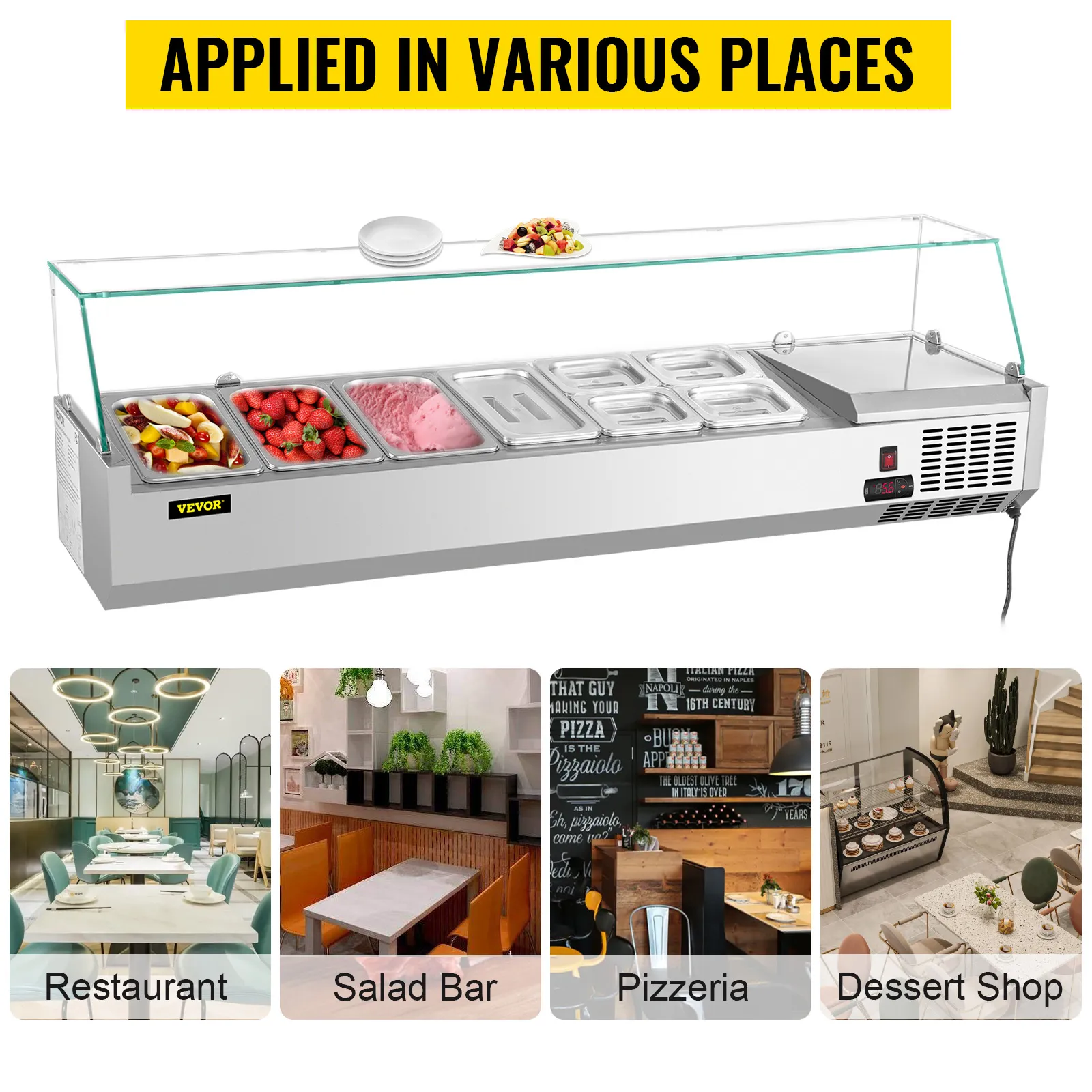 VEVOR refrigerated prep station for restaurants, salad bars, pizzerias, and dessert shops.