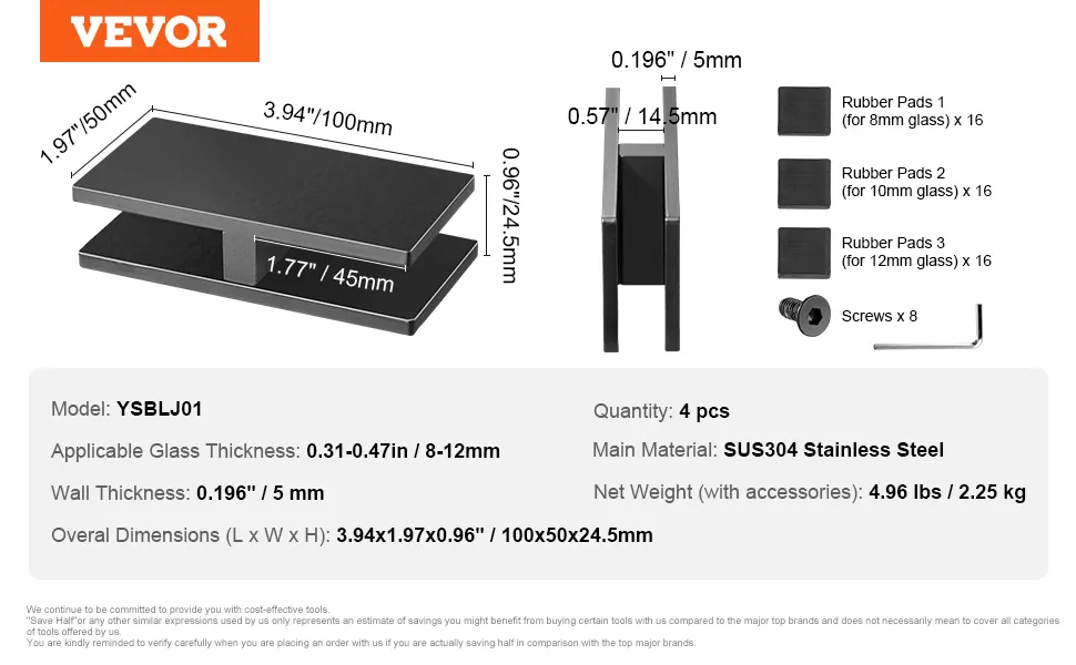 VEVOR glass clamp stainless steel set with dimensions and rubber pads, suitable for 8-12mm glass.