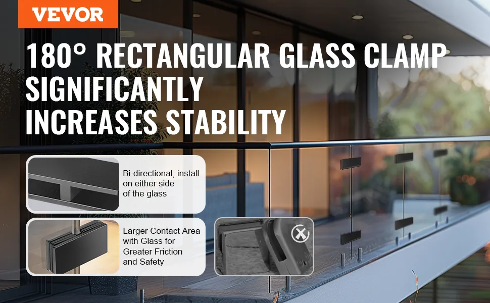 VEVOR glass clamp providing 180° rectangular stability for glass railings, with bi-directional installation.