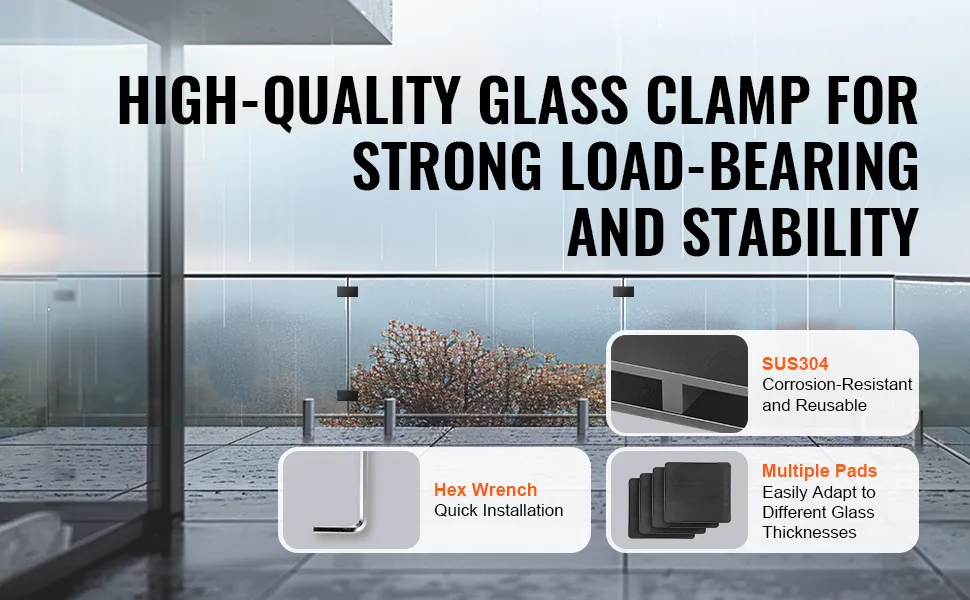 VEVOR glass clamp for strong load-bearing, stability, corrosion-resistant sus304, hex wrench, multiple pads.