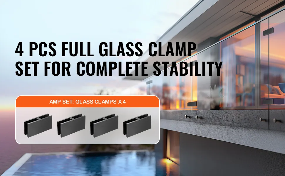 VEVOR glass clamp set of 4 showcasing secure glass installment on a modern balcony with ocean view.
