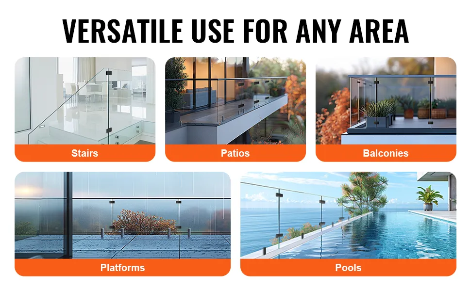 versatile VEVOR glass clamp applications on stairs, patios, balconies, platforms, and pools.