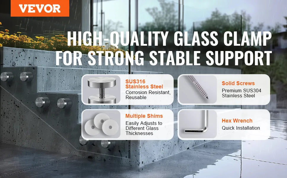 Zacisk szklany VEVOR ze stali nierdzewnej sus316, solidnymi śrubami, wieloma podkładkami i kluczem imbusowym.