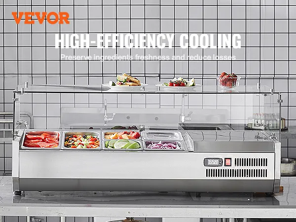 VEVOR refrigerated condiment prep station with high-efficiency cooling, showcasing organized ingredients.