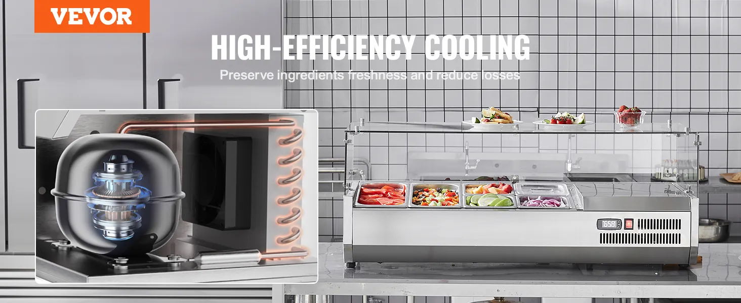 VEVOR refrigerated condiment prep station with high-efficiency cooling, showcasing organized ingredients.