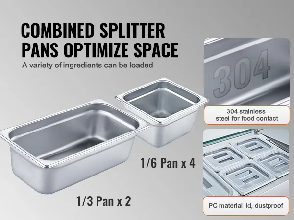 combined 1/3 and 1/6 pans for VEVOR refrigerated condiment prep station, 304 stainless steel and pc lids.