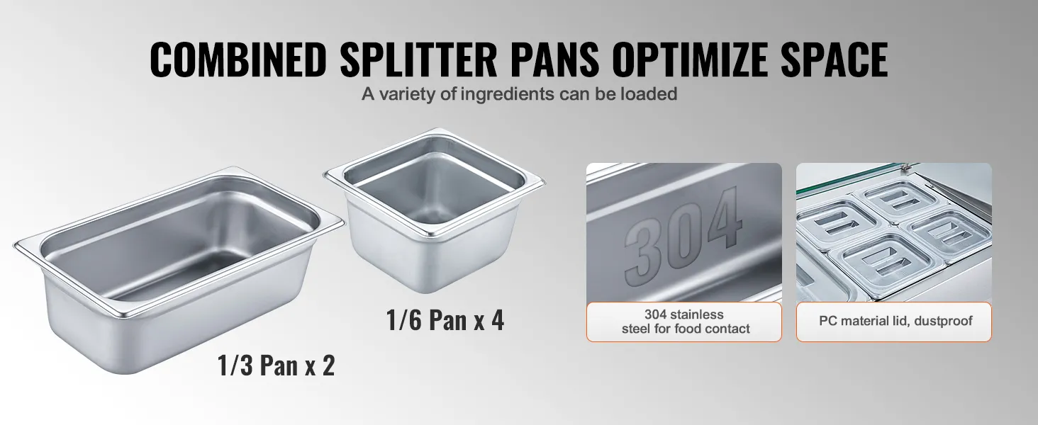 combined 1/3 and 1/6 pans for VEVOR refrigerated condiment prep station, 304 stainless steel and pc lids.