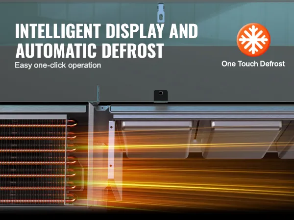 VEVOR refrigerated condiment prep station with intelligent display and automatic defrost system.