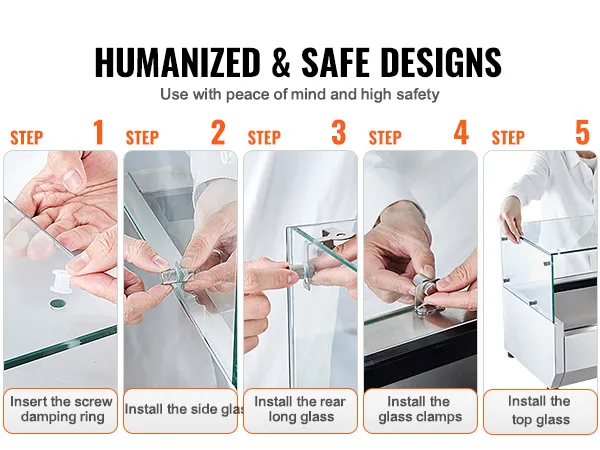 steps to install the glass on VEVOR refrigerated condiment prep station. easy to install, robust.