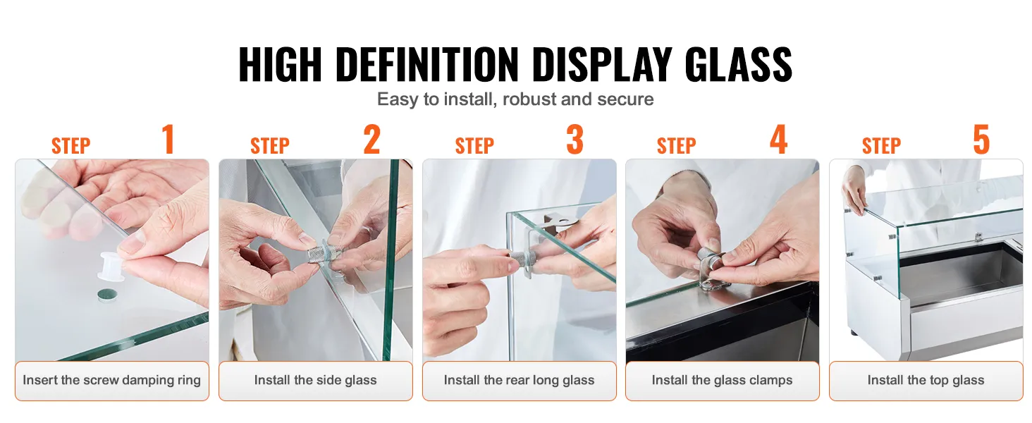 steps to install the glass on VEVOR refrigerated condiment prep station. easy to install, robust.