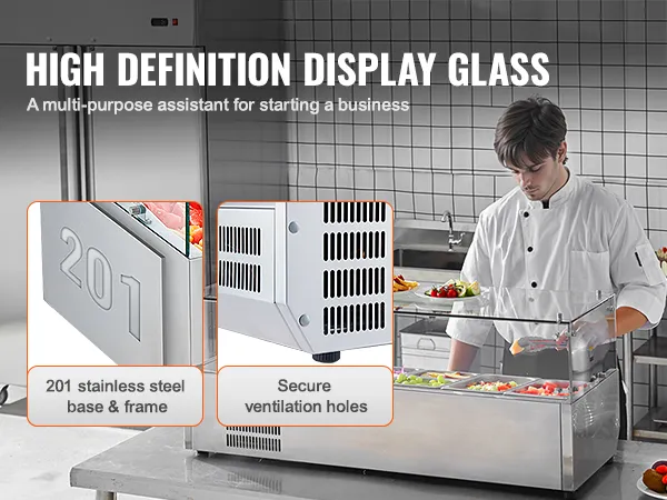 VEVOR refrigerated condiment prep station with stainless steel frame, secure ventilation, and versatile use.