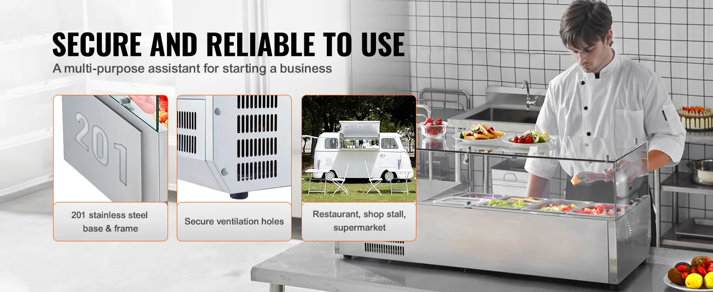 VEVOR refrigerated condiment prep station with stainless steel frame, secure ventilation, and versatile use.