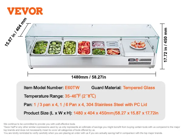 Gekoeld VEVOR-bereidingsstation voor specerijen met gehard glas en diverse roestvrijstalen pannen.