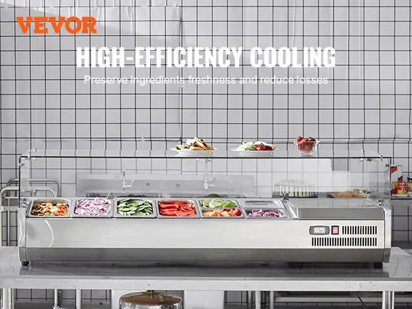 Het gekoelde VEVOR-bereidingsstation voor kruiden en specerijen houdt verse groenten en ingrediënten georganiseerd in een roestvrijstalen unit.