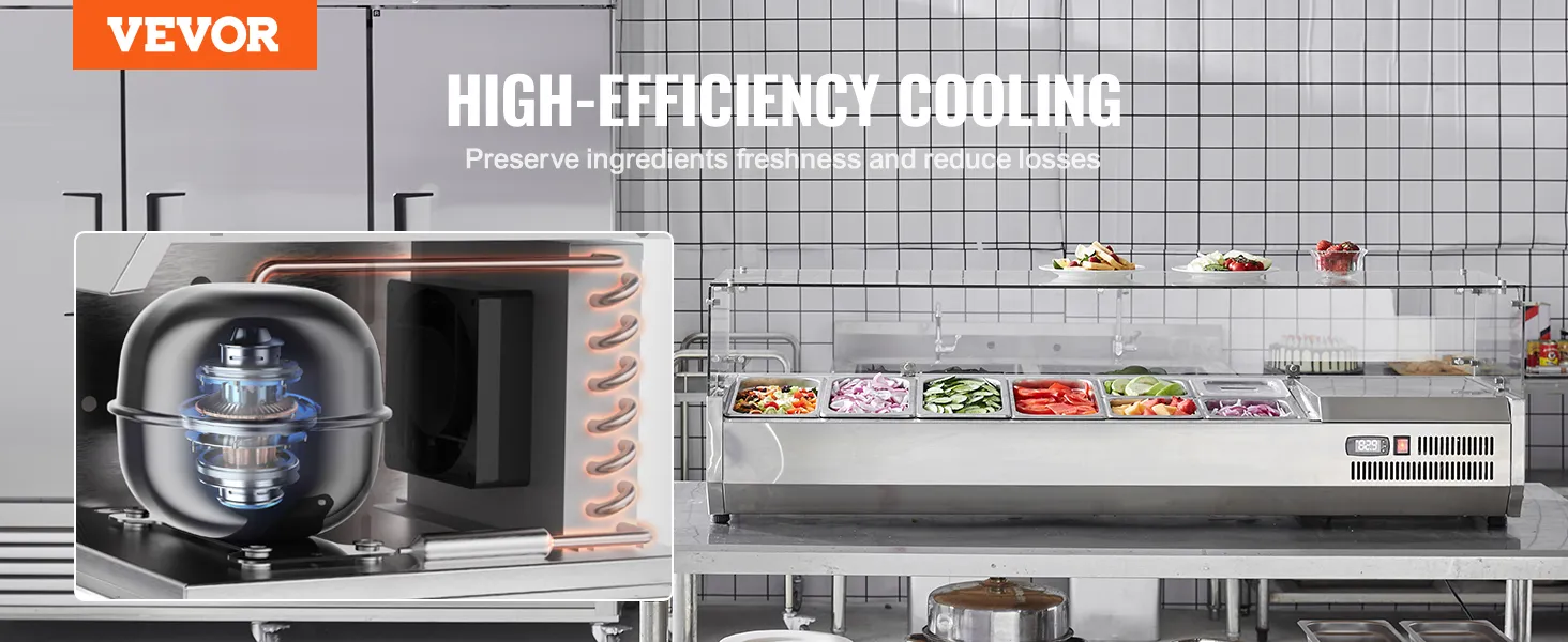 Het gekoelde VEVOR-bereidingsstation voor kruiden en specerijen houdt verse groenten en ingrediënten georganiseerd in een roestvrijstalen unit.