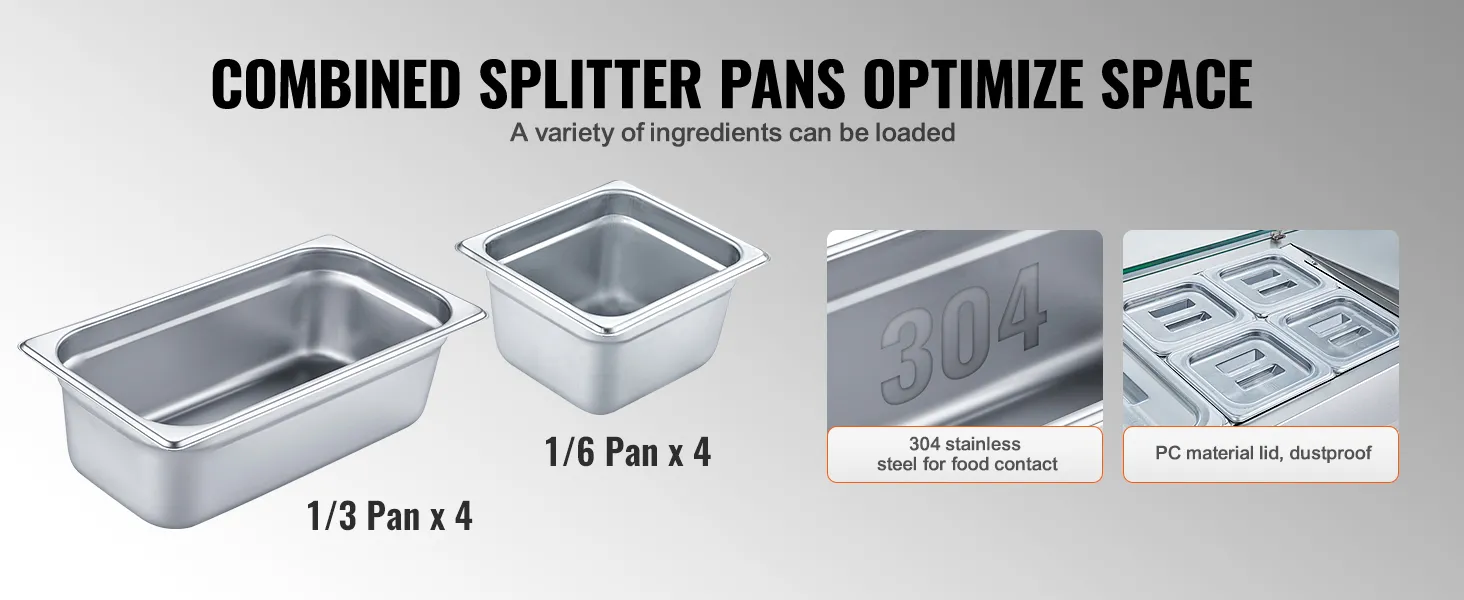 gecombineerde splitterpannen voor het VEVOR gekoelde bereidingsstation voor specerijen, roestvrij staal 304 en deksel van pc-materiaal.