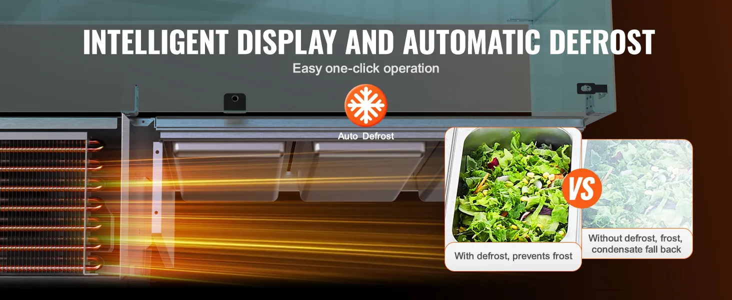 VEVOR gekoeld bereidingsstation voor kruiden en specerijen met intelligent display en automatische ontdooifunctie.