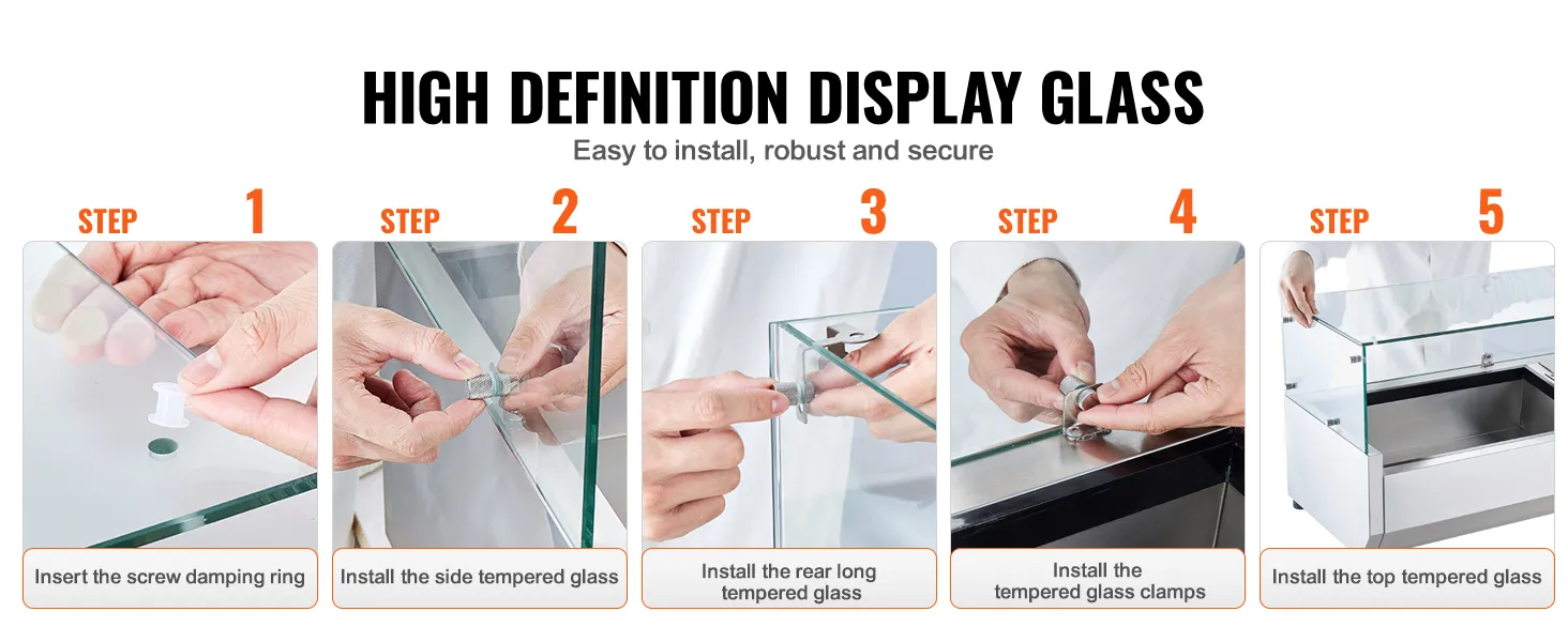 Het installeren van het glas op het VEVOR gekoelde bereidingsstation voor specerijen, waarbij de stappen 1 tot en met 5 worden weergegeven.