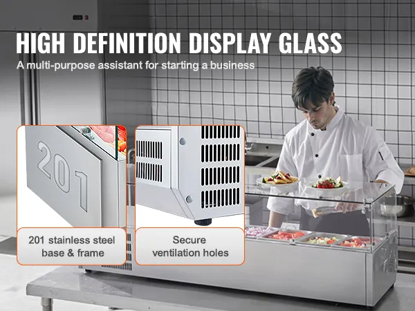 VEVOR gekoeld bereidingsstation voor kruiden en specerijen met roestvrijstalen basis, veilige ventilatie, geschikt voor restaurants.