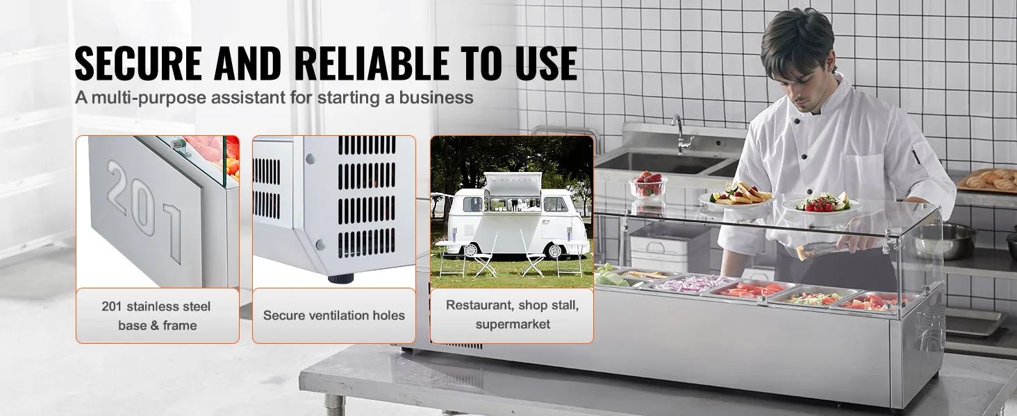 VEVOR gekoeld bereidingsstation voor kruiden en specerijen met roestvrijstalen basis, veilige ventilatie, geschikt voor restaurants.