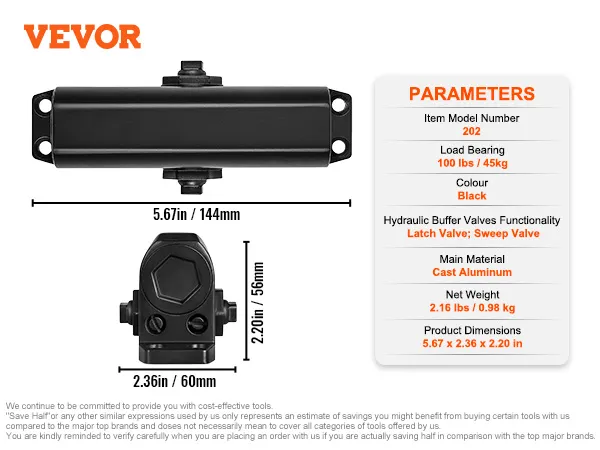 VEVOR automatic door closer, black, with load bearing 100 lbs, dimensions 5.67 x 2.36 x 2.20 in.