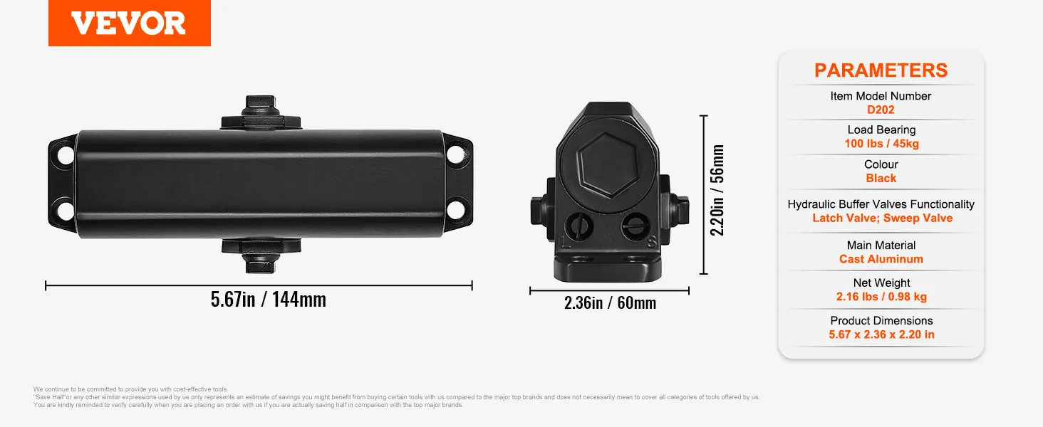 VEVOR automatic door closer, black, with load bearing 100 lbs, dimensions 5.67 x 2.36 x 2.20 in.