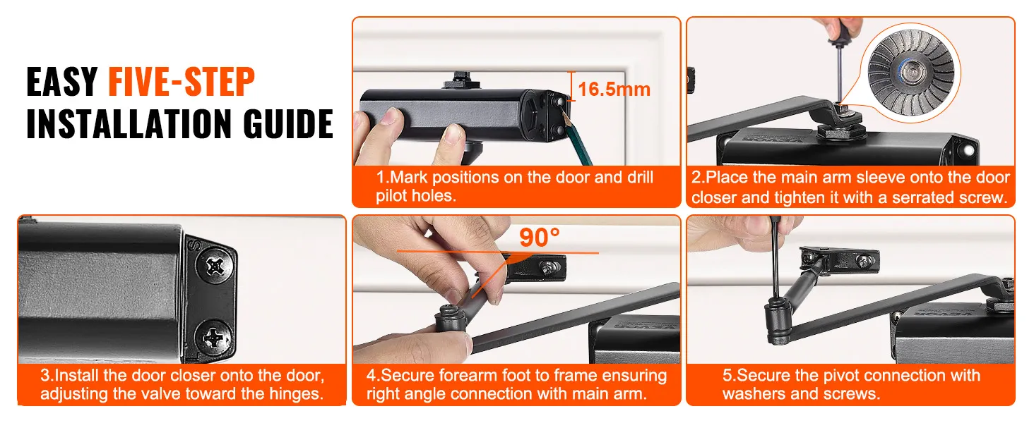 easy five-step installation guide for VEVOR automatic door closer featuring clear diagrams and instructions.