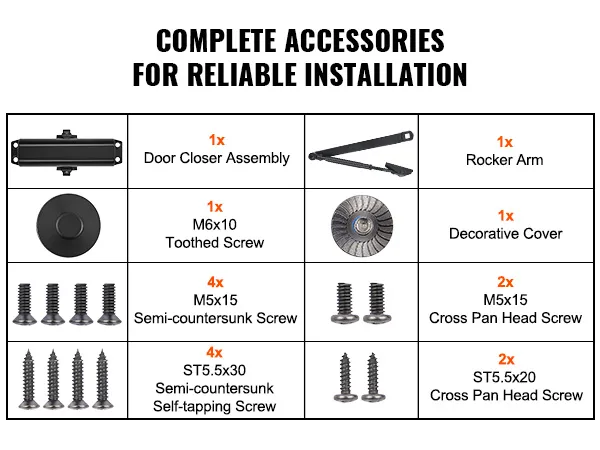 complete accessories for reliable installation of VEVOR automatic door closer with assembly parts.
