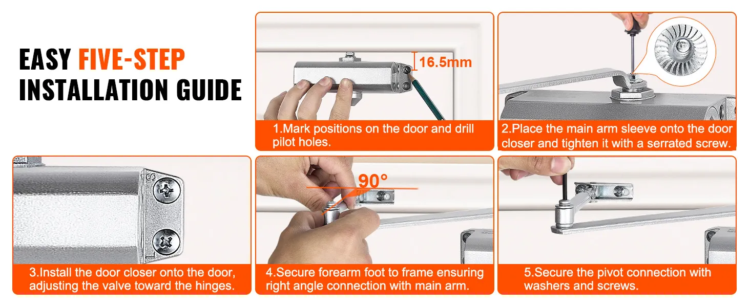 Einfache fünfstufige Installationsanleitung für den VEVOR-Türschließer mit Diagramm und Anweisungen zur Einrichtung.