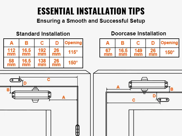 Installationstipps für VEVOR-Türschließer, mit Anzeige der Standard- und Türrahmeninstallation mit Maßangaben.