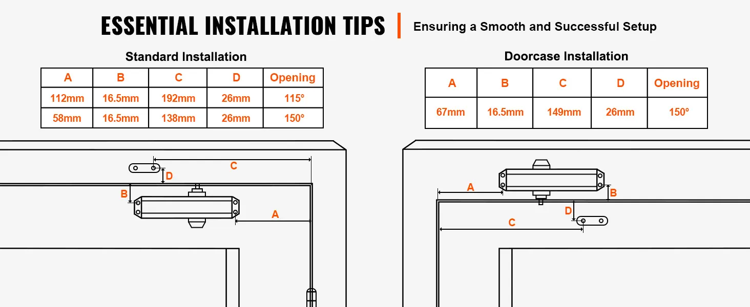 Installationstipps für VEVOR-Türschließer, mit Anzeige der Standard- und Türrahmeninstallation mit Maßangaben.
