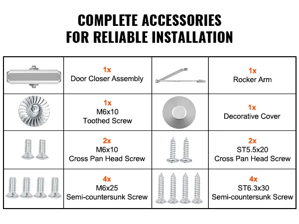 komplettes VEVOR Türschließer-Montageset mit Schrauben, Kipphebel und Zierabdeckung.