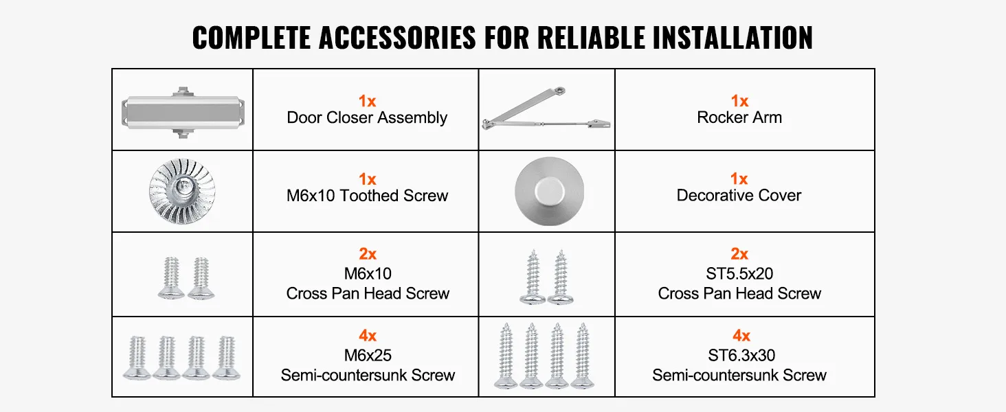 komplettes VEVOR Türschließer-Montageset mit Schrauben, Kipphebel und Zierabdeckung.