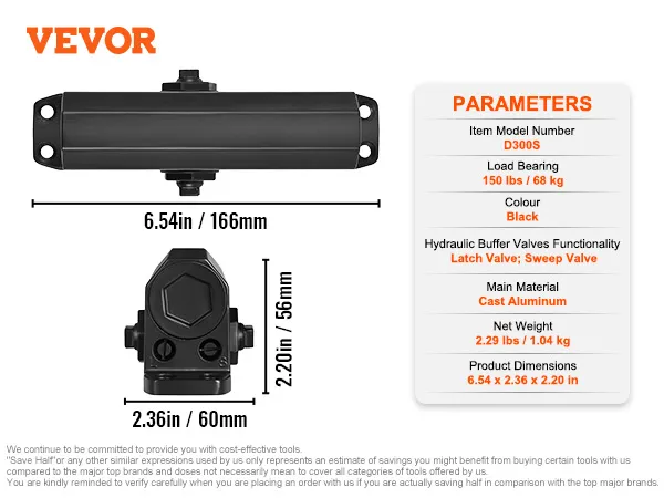 Chiudiporta VEVOR, modello d300s, dimensioni 6,54x2,36x2,20 pollici, alluminio pressofuso nero, carico 150 libbre.