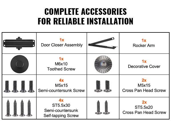 Kit completo di accessori per chiudiporta VEVOR: montaggio, bilanciere, viti e copertura decorativa.