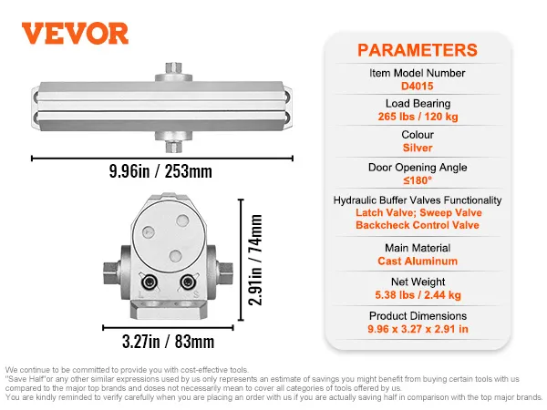 VEVOR door closer, cast aluminum, 9.96 x 3.27 x 2.91 inches, 265 lbs load bearing, silver color.