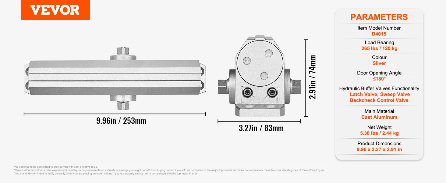 VEVOR door closer, cast aluminum, 9.96 x 3.27 x 2.91 inches, 265 lbs load bearing, silver color.