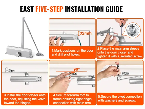 easy five-step installation guide for the VEVOR door closer with illustrations and detailed instructions.