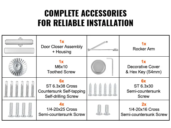complete VEVOR door closer kit with housing, rocker arm, screws, decorative cover, hex key.