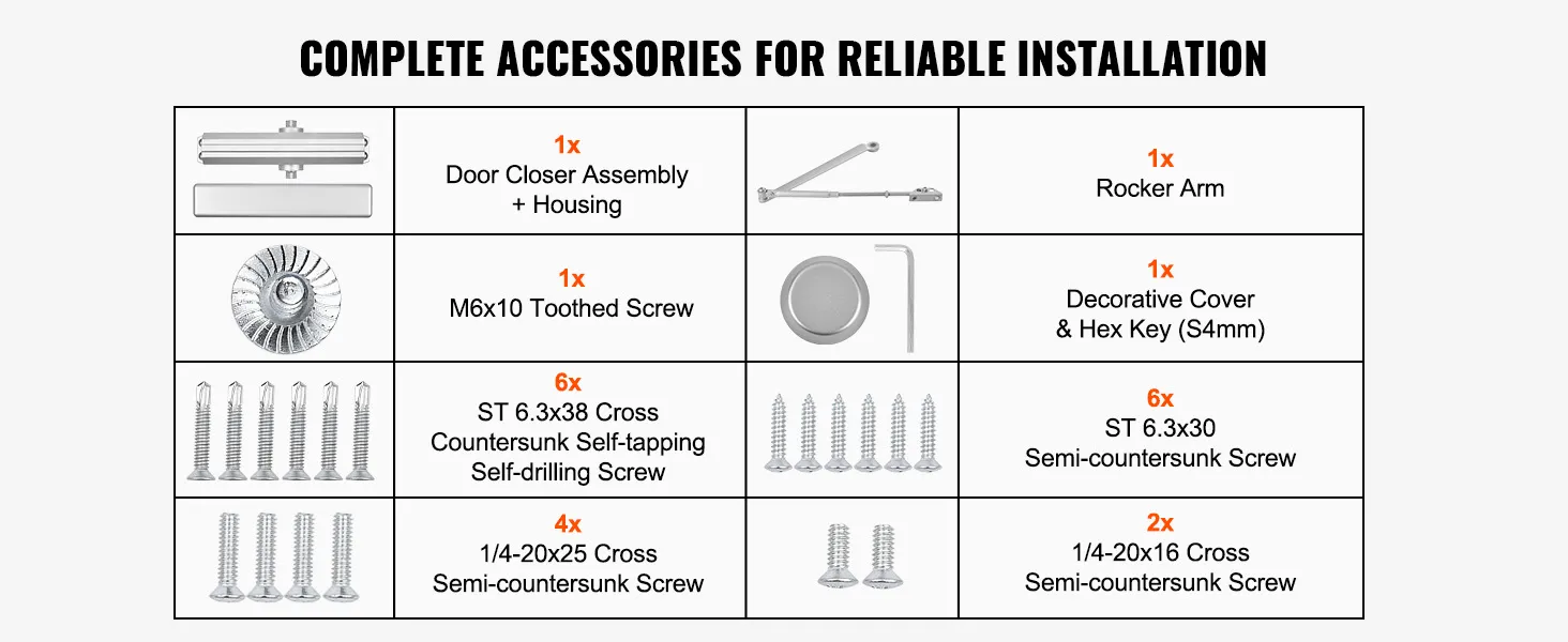 complete VEVOR door closer kit with housing, rocker arm, screws, decorative cover, hex key.