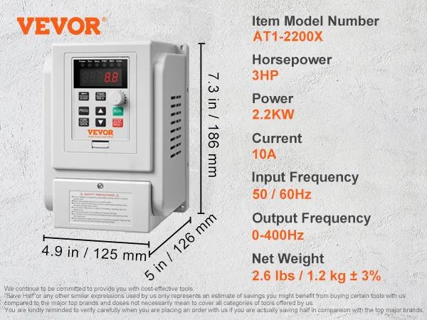 VEVOR vfd 2.2kw at1-2200x, 3hp, ac 220-240v, 10a, 50/60hz, 0-400hz, dimensions 7.3x5x4.9 in.